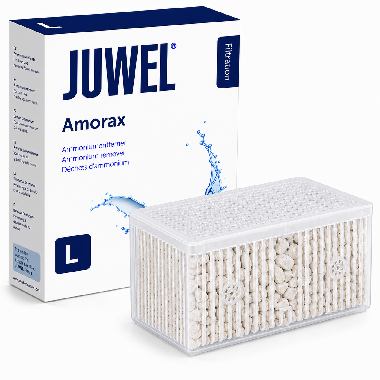 JUWEL Amorax ammonium remover for aquarium filtration with product box and filter media.